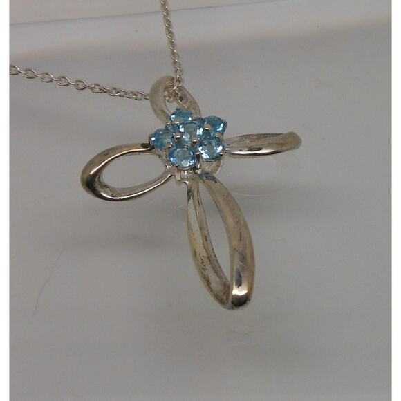 Vintage Sterling Silver Blue Topaz Flower Slide Cross Pendant Necklace Chain - Picture 4 of 10